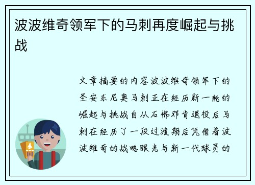 波波维奇领军下的马刺再度崛起与挑战